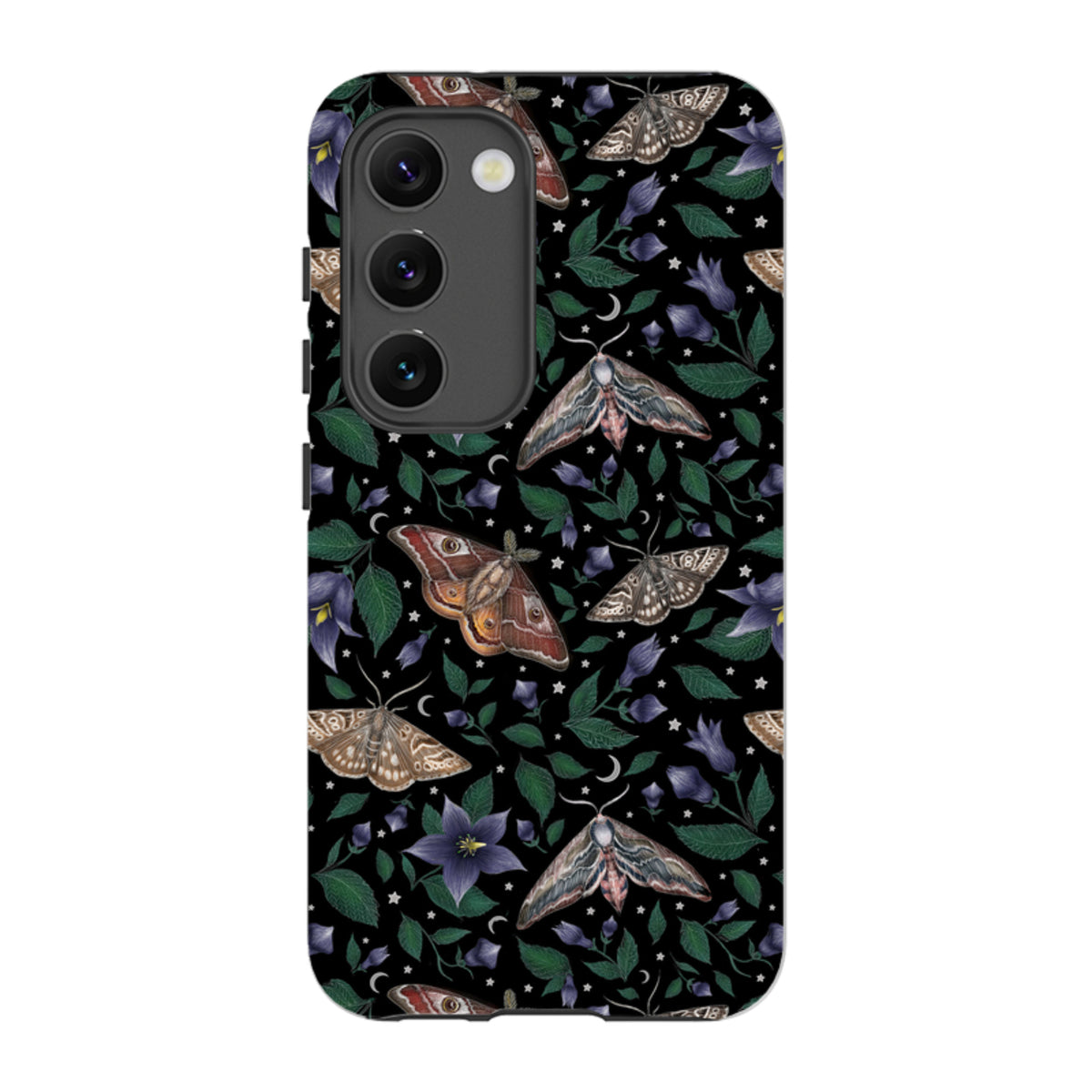 Samsung Tough Case featuring a moth and floral pattern with purple flowers and green leaves on a black background.