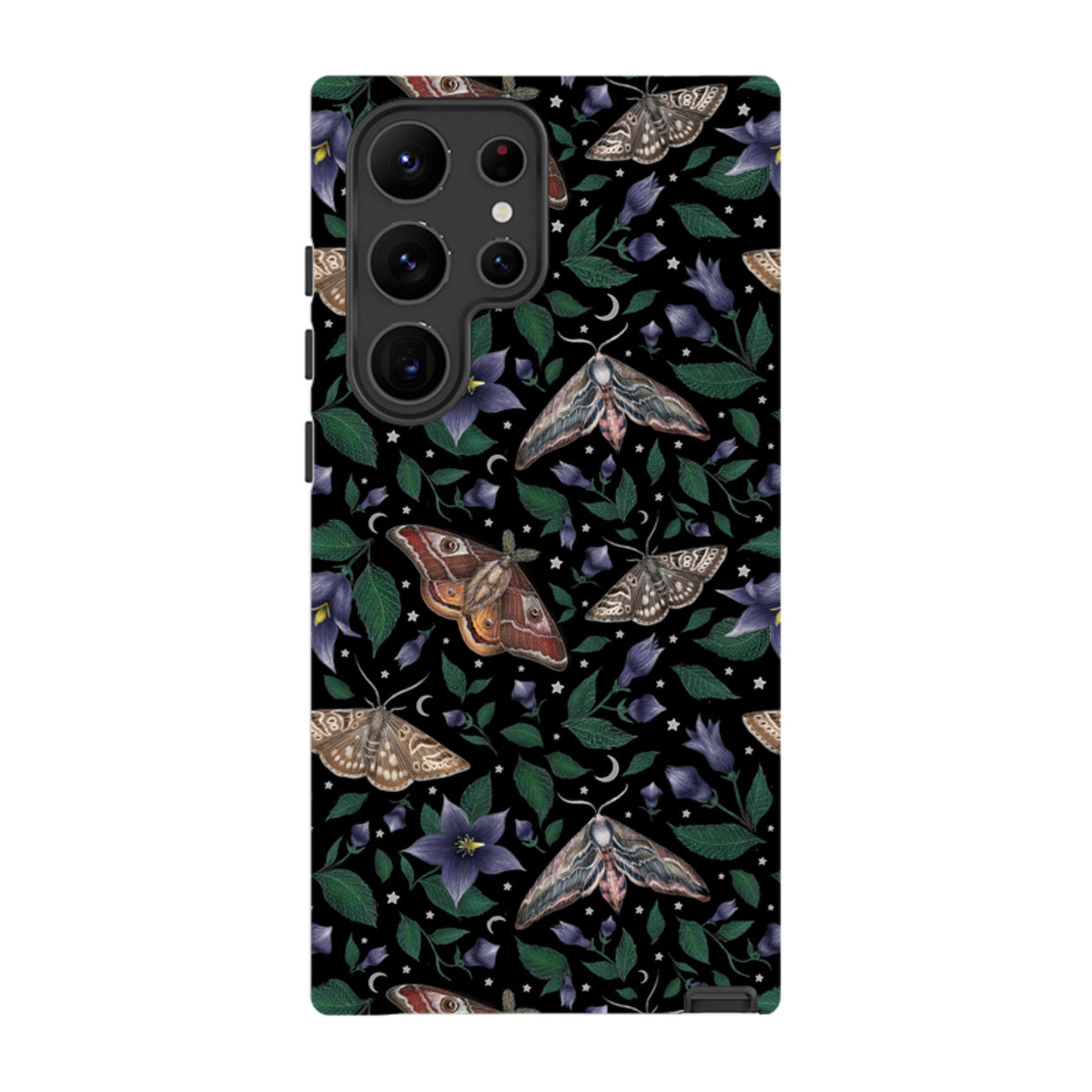 Samsung Galaxy tough case featuring a black background with detailed moth, purple flower, and star illustrations.