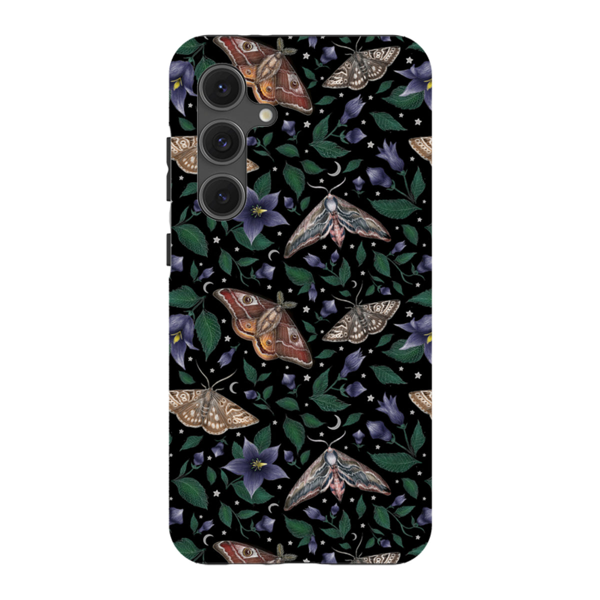 Samsung Tough Case featuring Catherine Rowe moth and floral art on a black background with dual-layer protection.