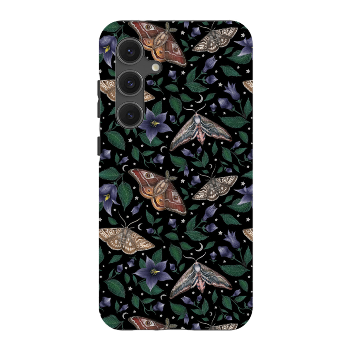 Samsung Tough Case featuring a black background with Catherine Rowe’s moth, purple flower, and star pattern design.