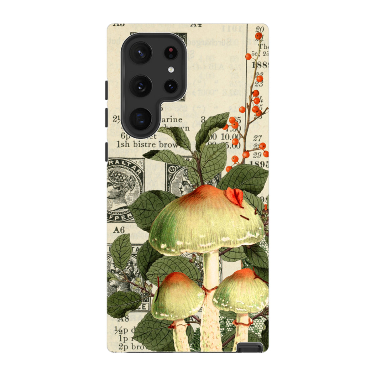 Samsung Tough Case featuring a vintage botanical mushroom print with green caps, red berries, and newspaper collage art.