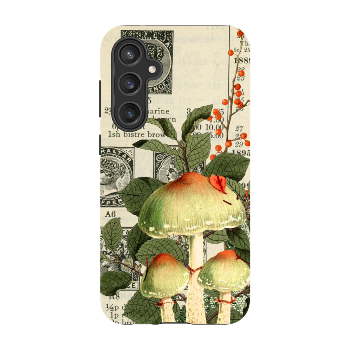 Samsung Galaxy tough case featuring vintage postage stamp collage, green mushrooms, and red berries on a cream background.