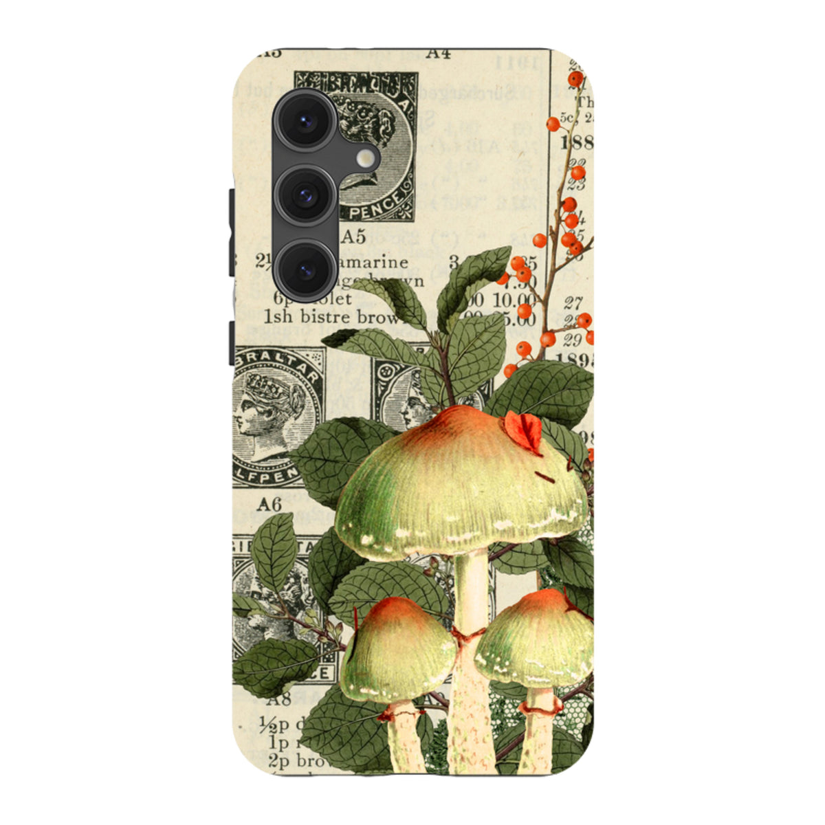 Samsung Tough Case featuring a vintage mushroom and postage stamp collage with red berries on a cream background.