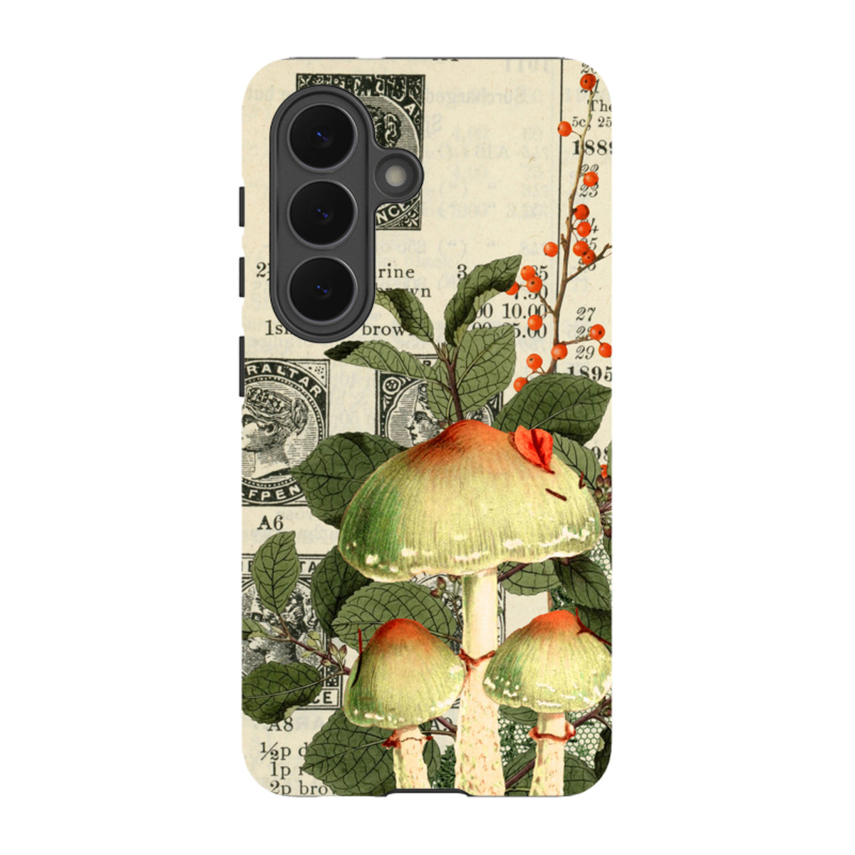 Samsung tough phone case featuring a vintage botanical mushroom print with red berries over a collage of antique stamps.