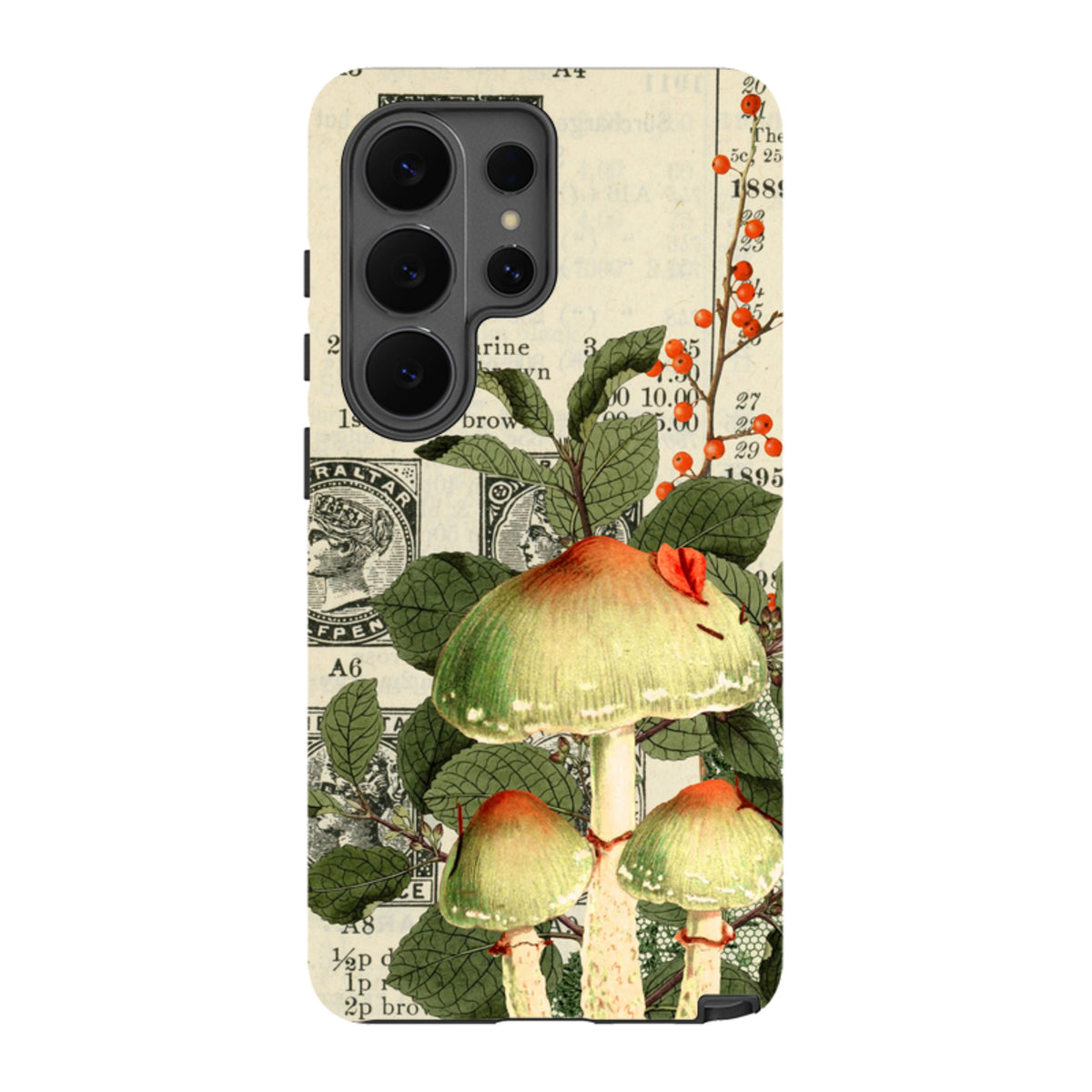 Samsung Tough Case featuring a vintage mushroom and botanical collage design with a dual-layer protective shell.