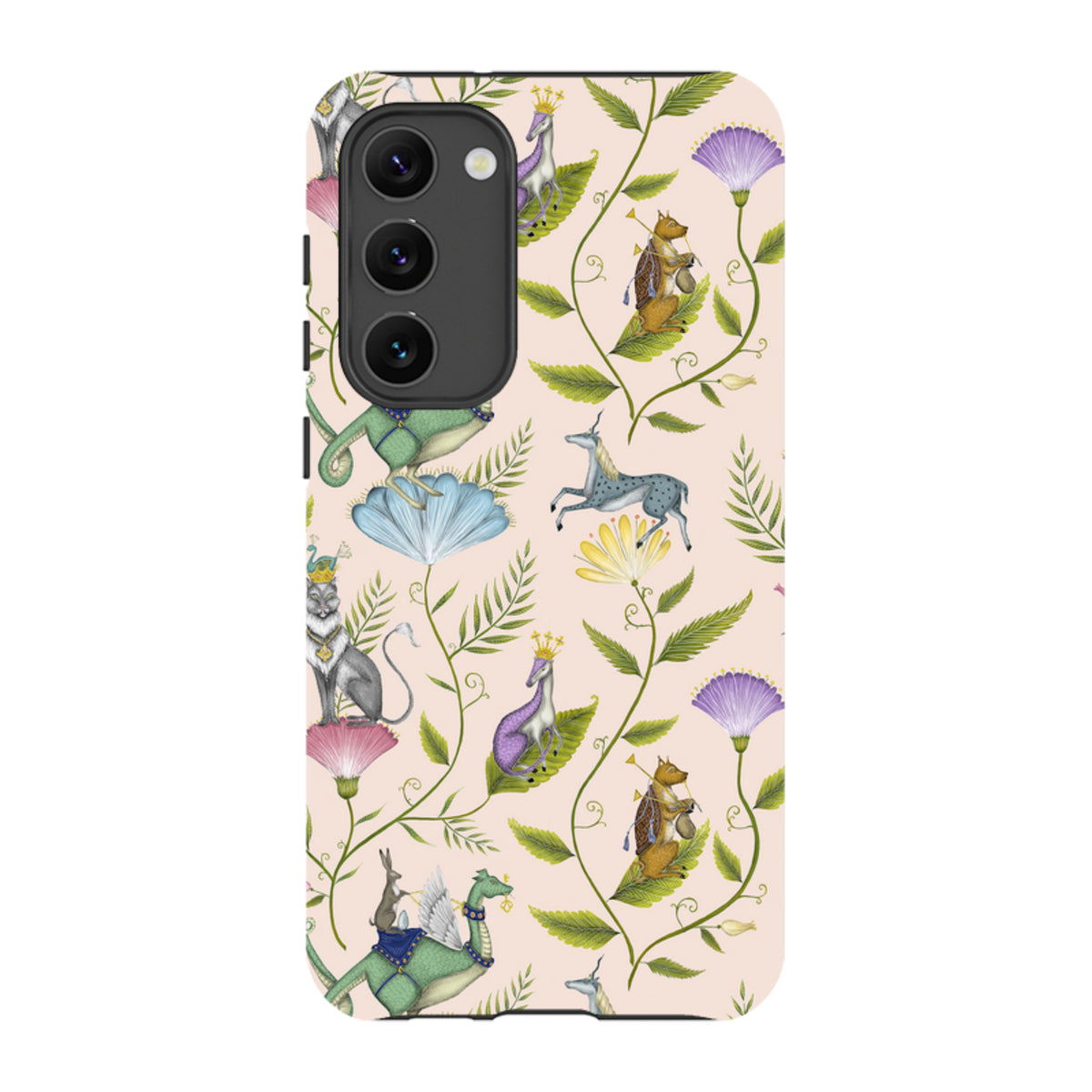 Samsung Tough Case featuring Mythicon artwork with mythical creatures, flowers, and vines on a light pink background.