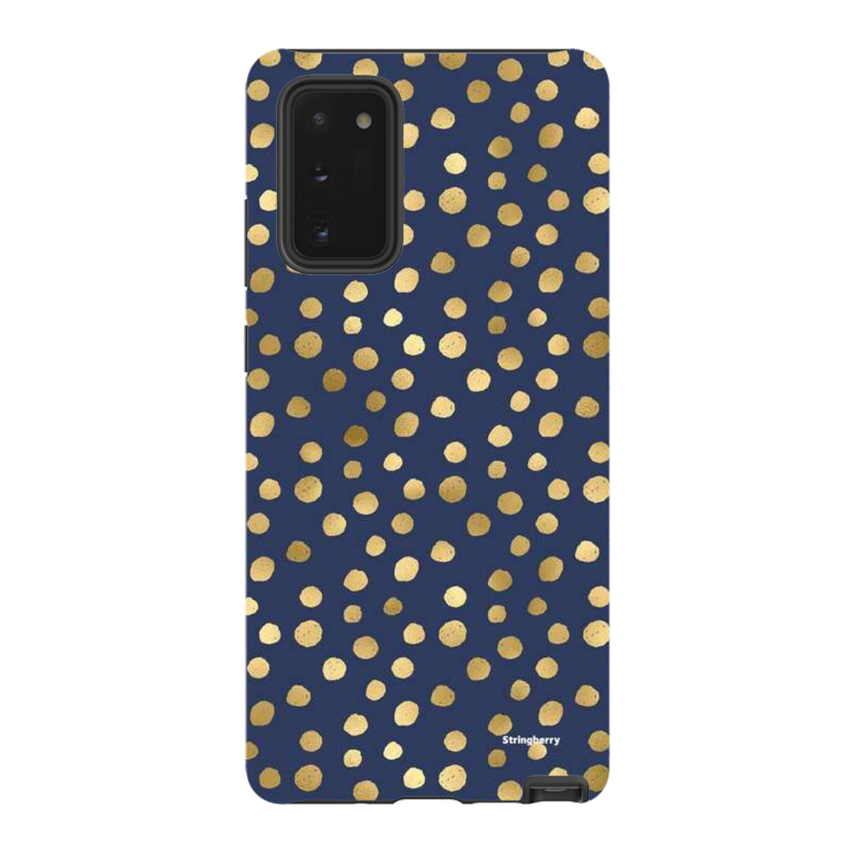 Samsung Galaxy tough case in navy blue with a gold polka dot pattern and dual-layer protective design.