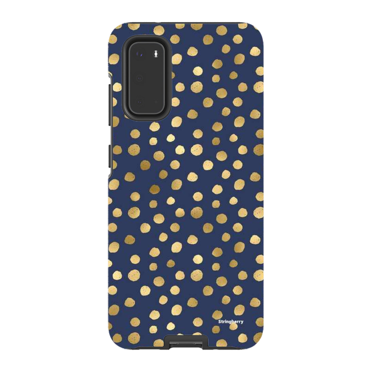 Samsung Galaxy tough case in navy blue with a gold polka dot pattern and dual-layer protective design.