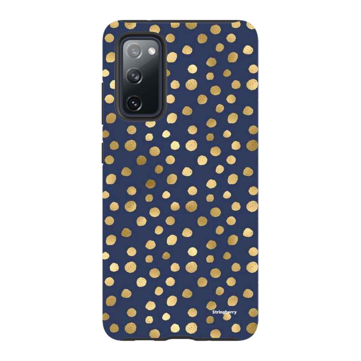 Samsung Tough Case in navy blue with a gold polka dot pattern, featuring a dual-layer design for phone protection.