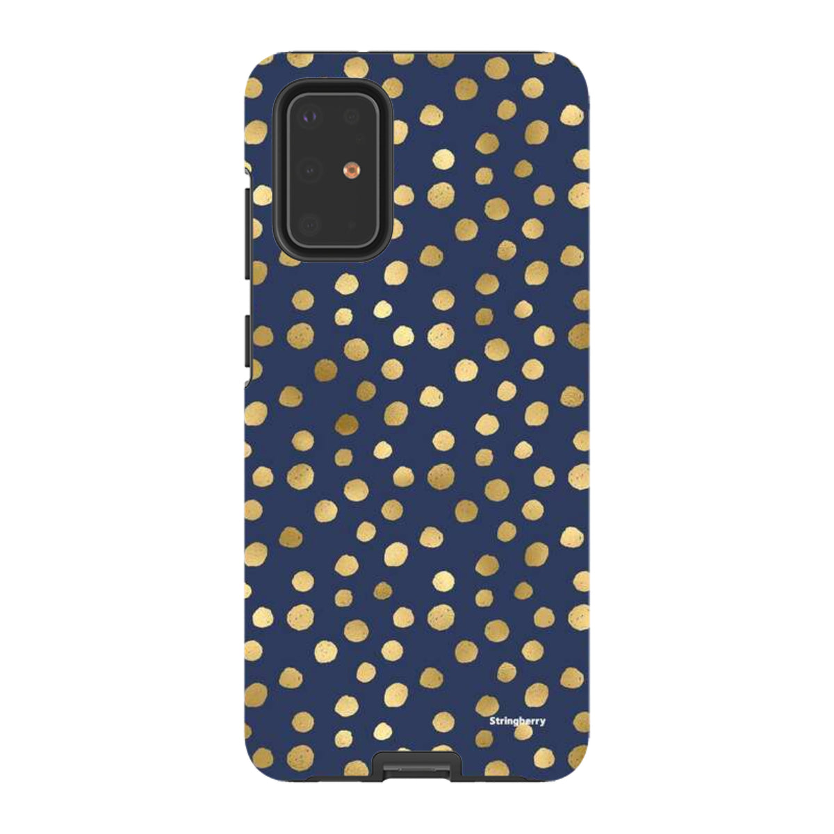 Navy blue Samsung tough case featuring a gold polka dot pattern, dual-layer construction, and precise camera cut-outs.