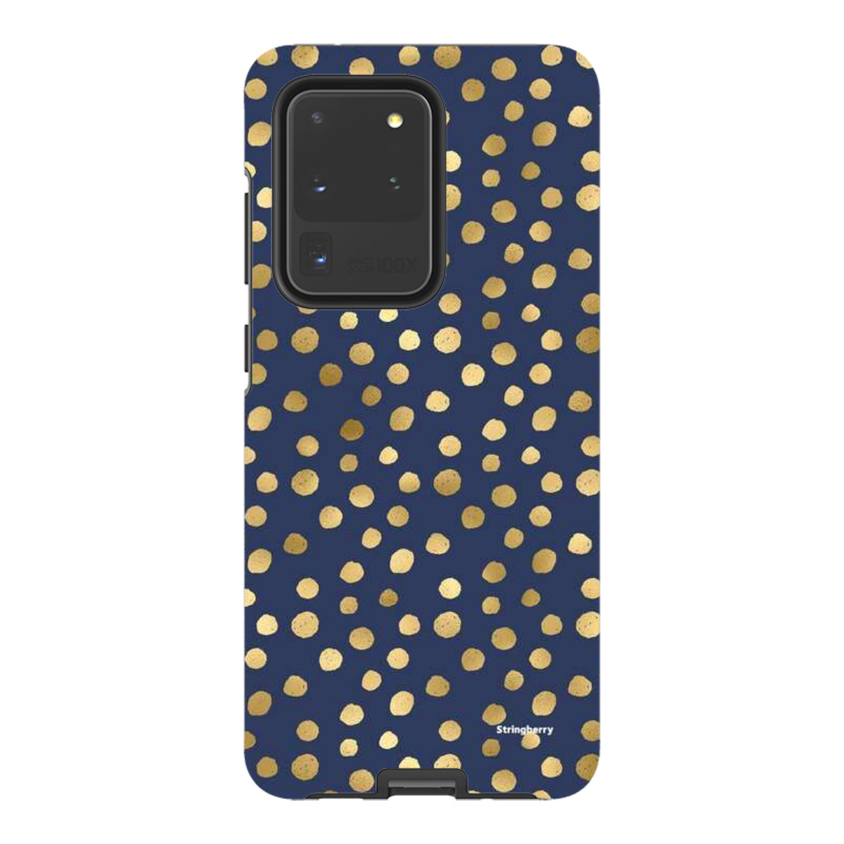 Navy blue Samsung Tough Case featuring a gold polka dot pattern and dual-layer protection for a Samsung Galaxy device.