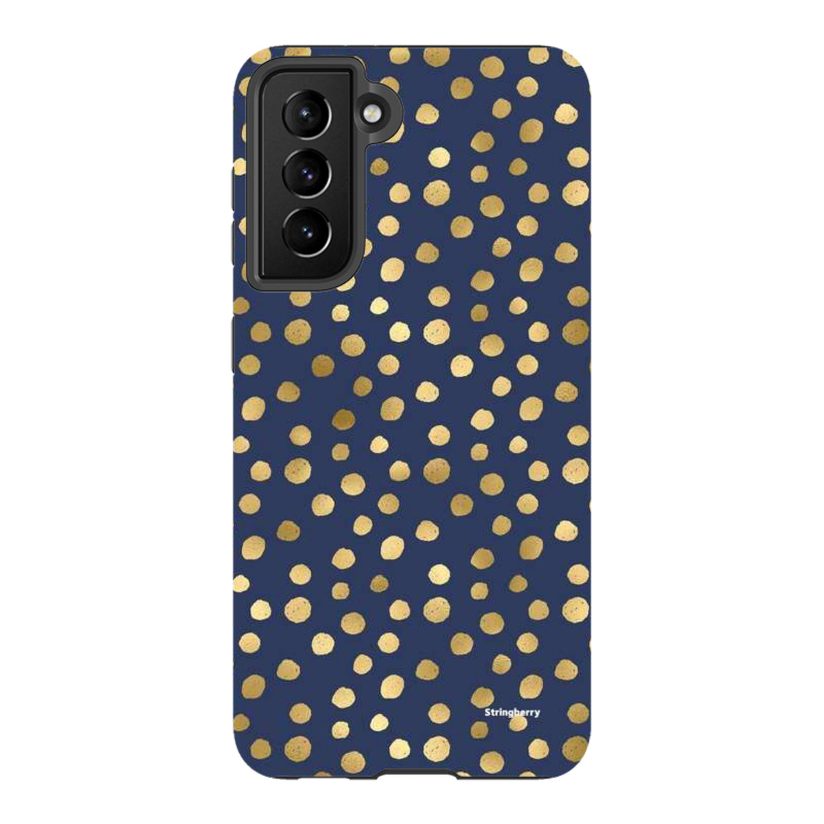 Samsung Galaxy tough case in navy blue with a gold polka dot pattern and durable dual-layer protective design.