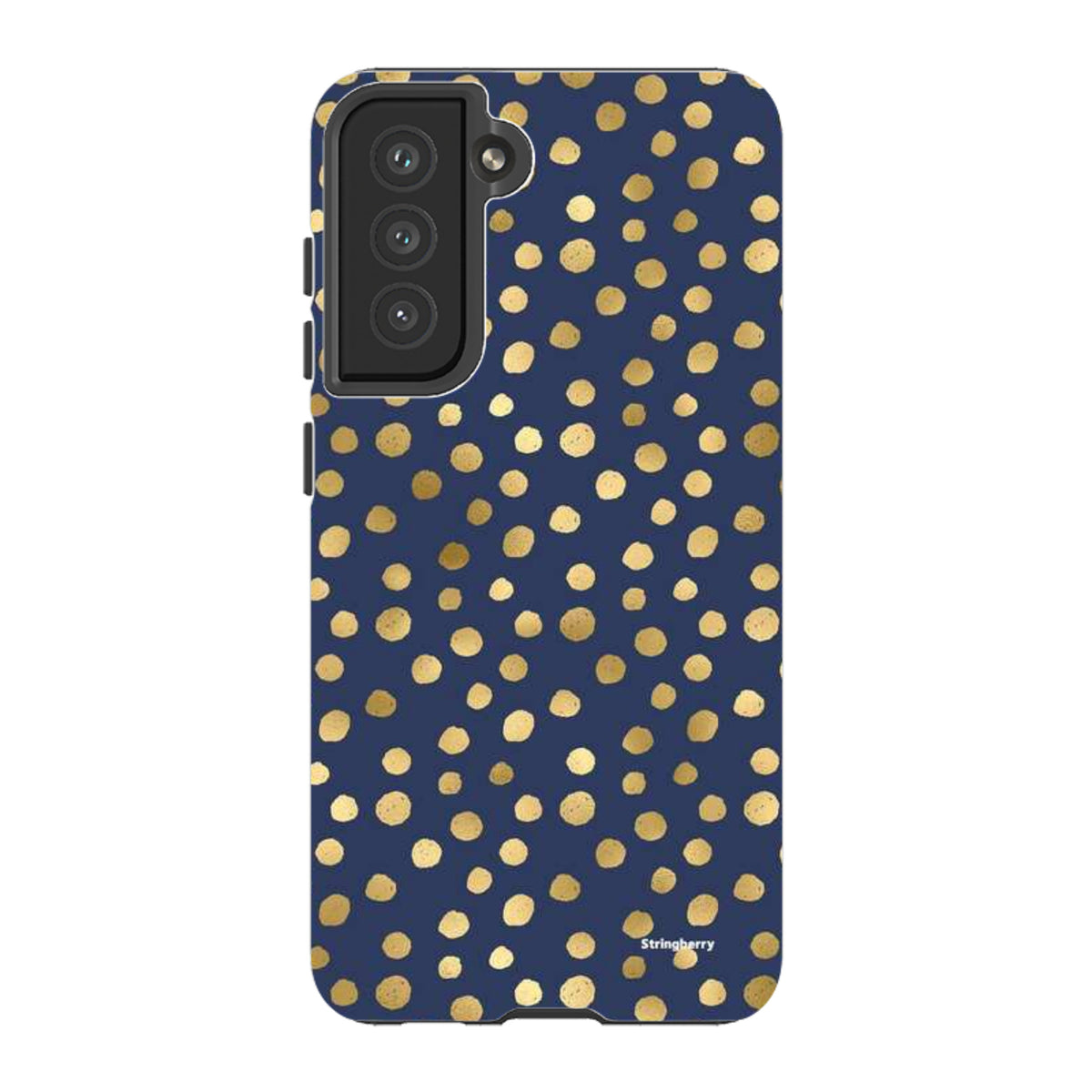 Samsung Galaxy tough case in navy blue with a gold polka dot pattern and a durable dual-layer protective design.