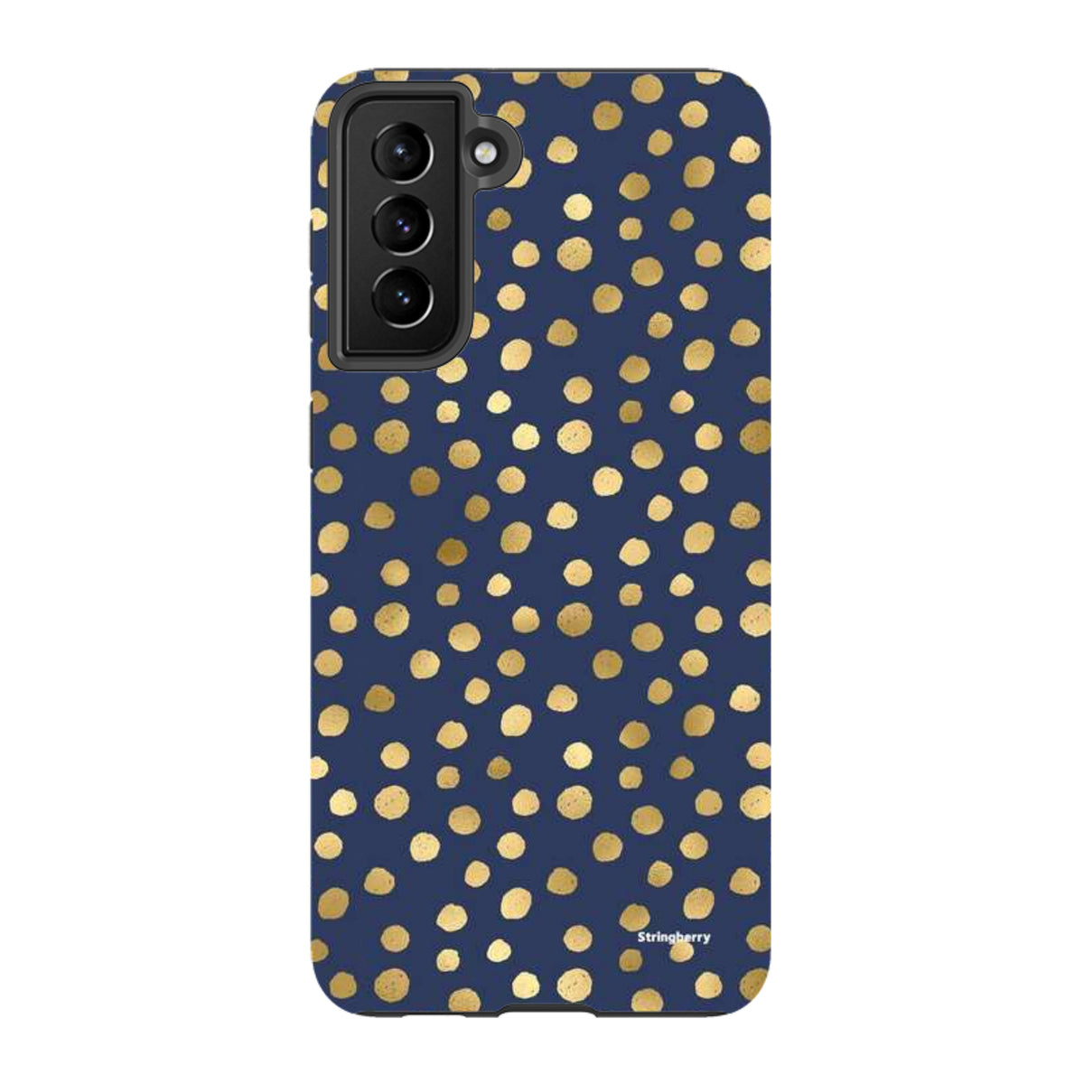 Samsung Galaxy tough case in navy blue with a gold polka dot pattern and dual-layer protective design.