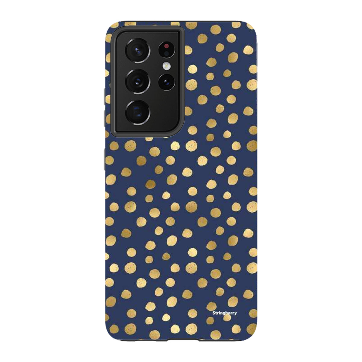 Samsung Galaxy tough case in navy blue with a gold polka dot pattern and dual-layer protective design.
