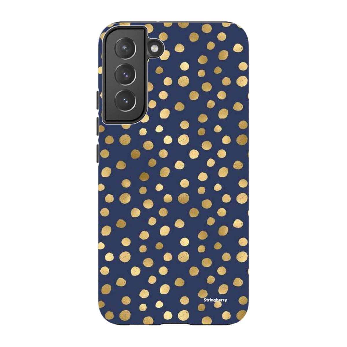 Samsung Galaxy tough case in navy blue with a gold polka dot pattern and a durable dual-layer protective design.