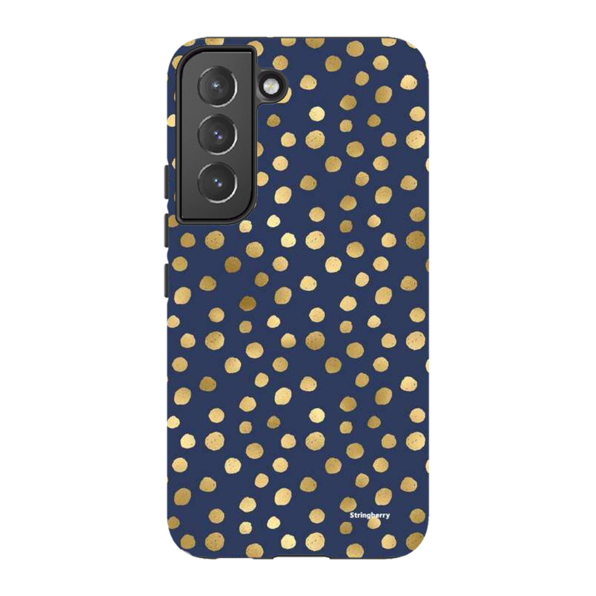 Samsung Galaxy tough case in navy blue with a gold polka dot pattern and dual-layer protective design.
