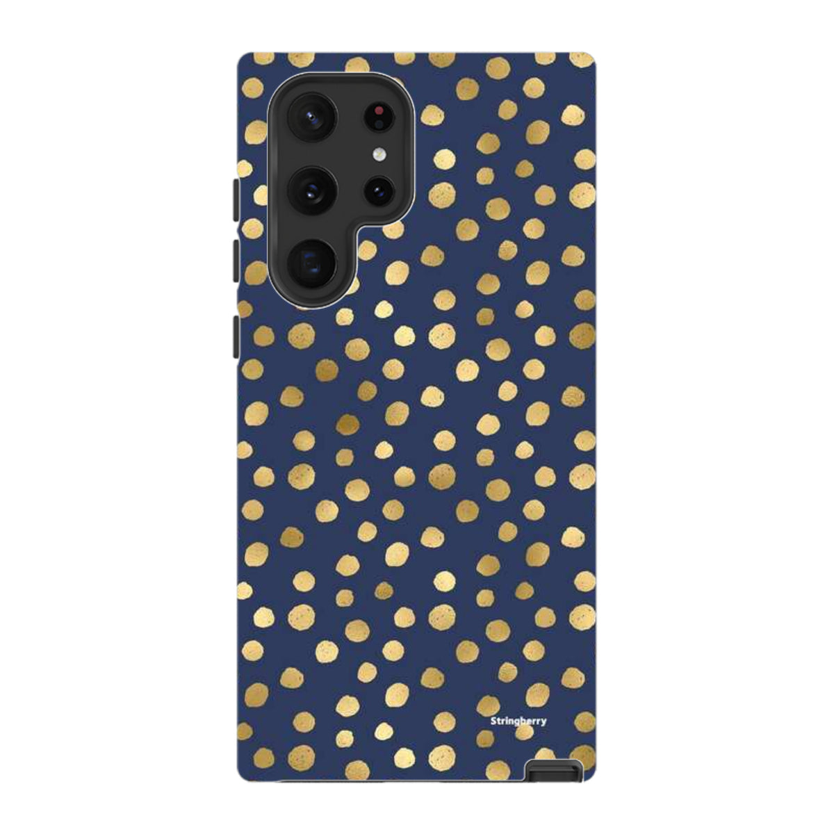 Samsung Galaxy tough case in navy blue with a gold polka dot pattern and dual-layer protective design.