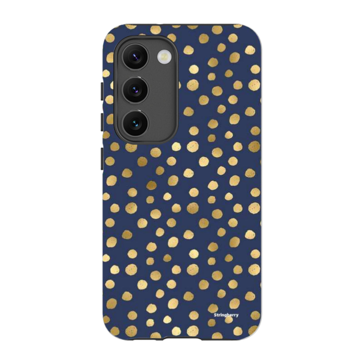 Samsung Galaxy tough case in navy blue with a gold polka dot pattern and dual-layer protective design.