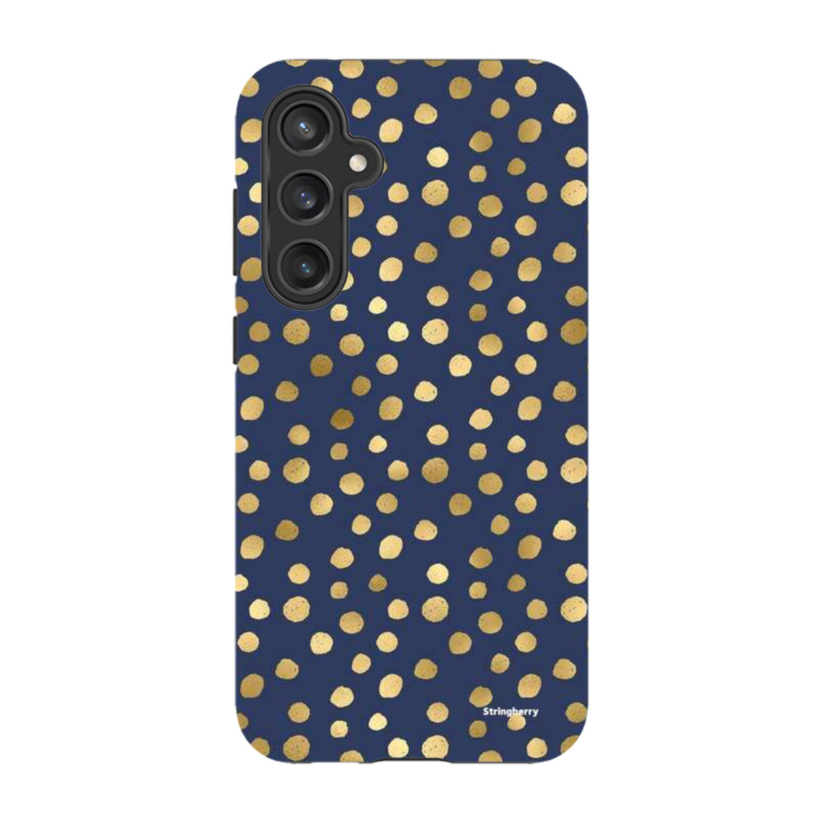 Samsung Tough Case in navy blue with a gold polka dot pattern, featuring a durable dual-layer design for Galaxy phones.