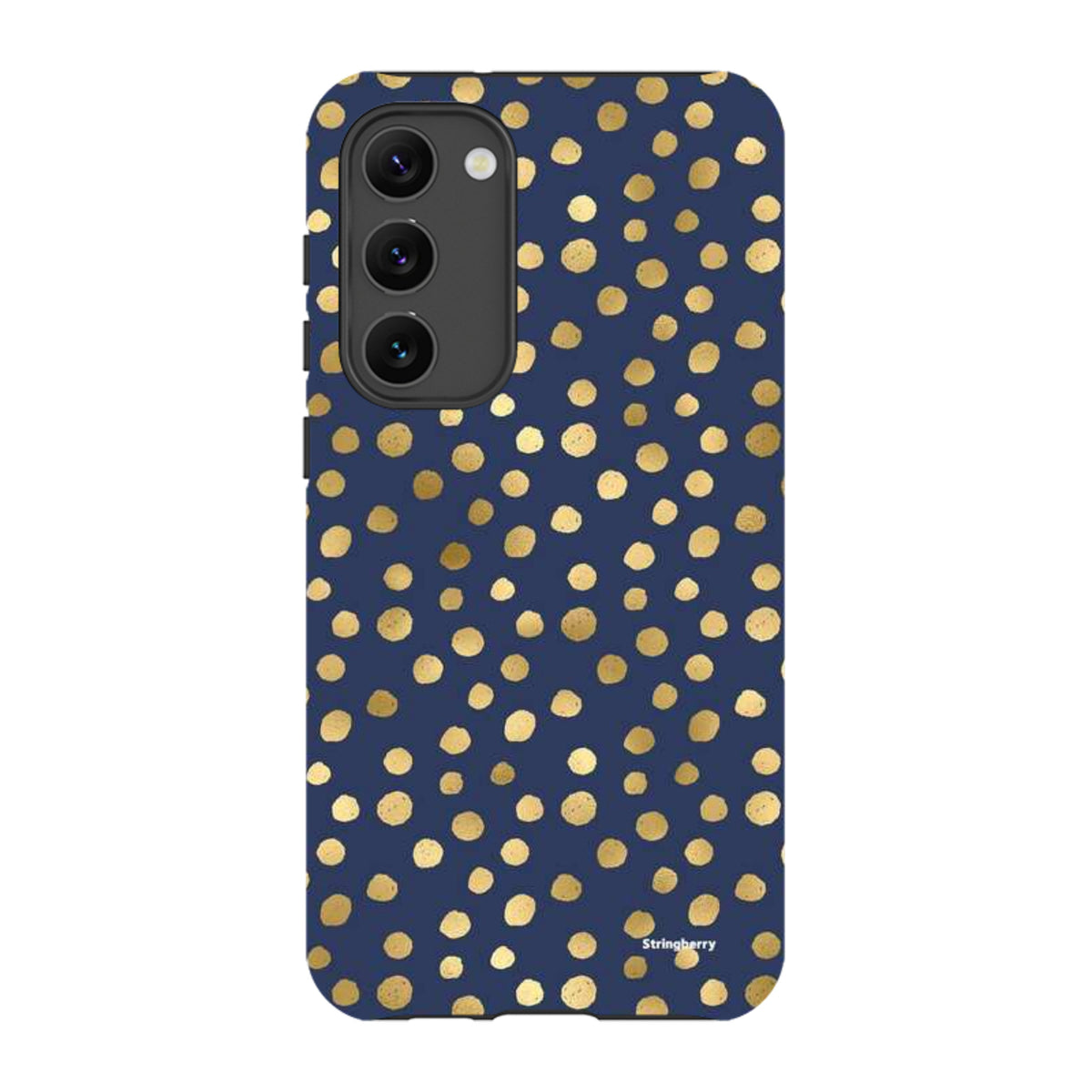 Samsung Galaxy tough case in navy blue with a gold polka dot pattern and dual-layer protective design.