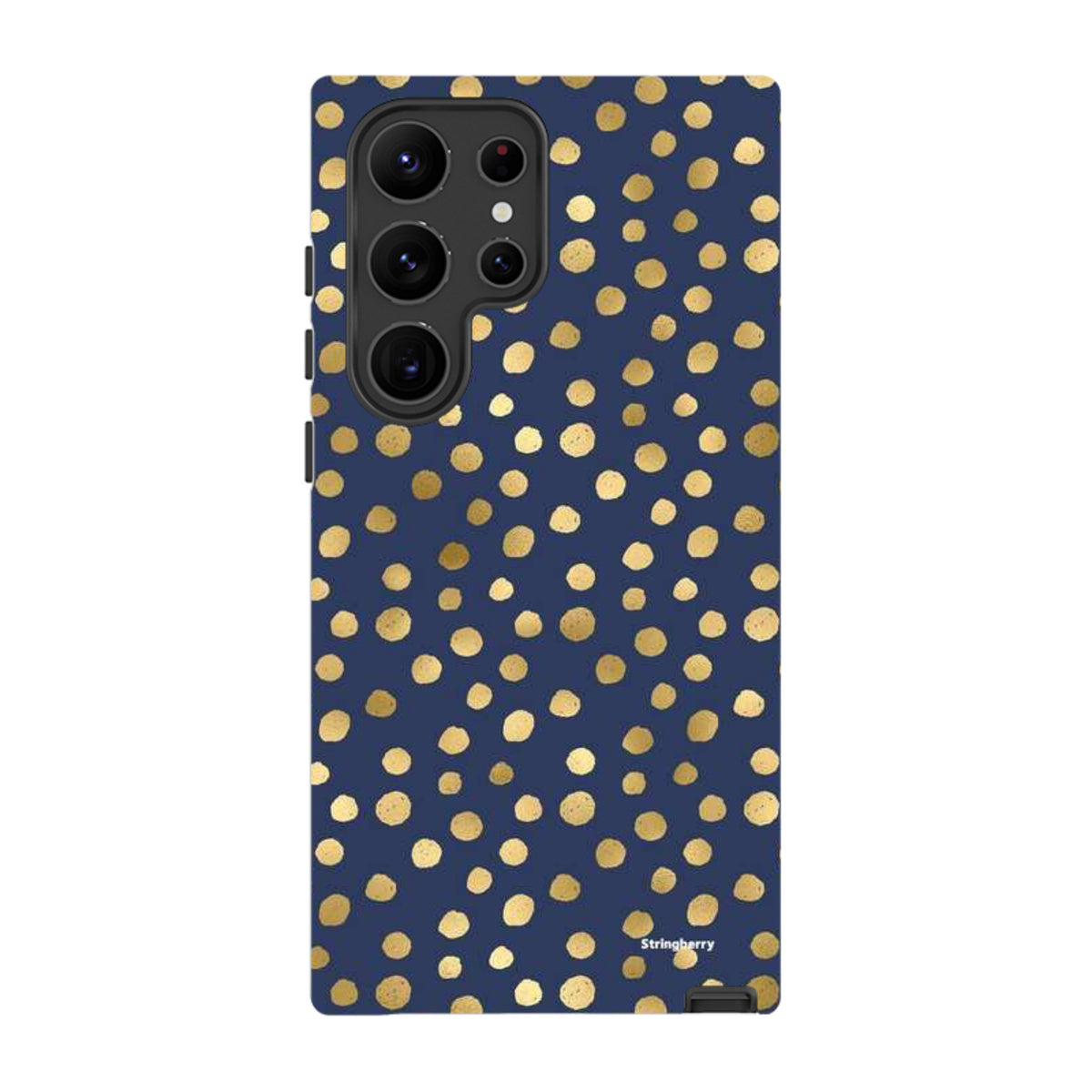Samsung Galaxy tough case in navy blue with a gold polka dot pattern and a durable dual-layer protective design.