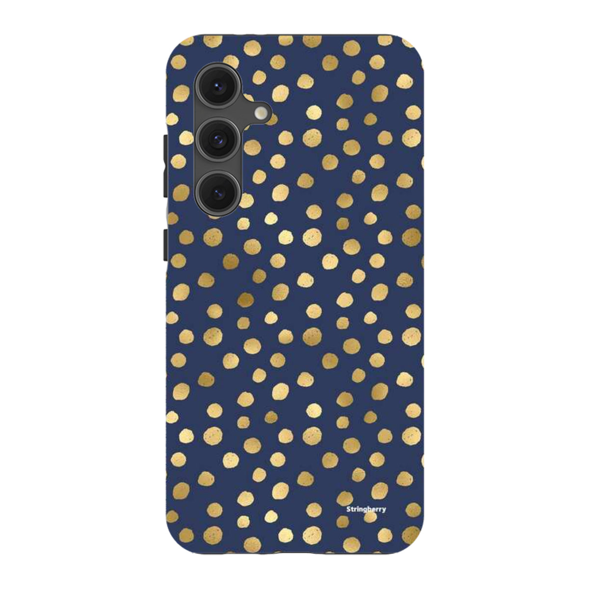 Navy blue Samsung tough case featuring a gold polka dot pattern and durable dual-layer protection.