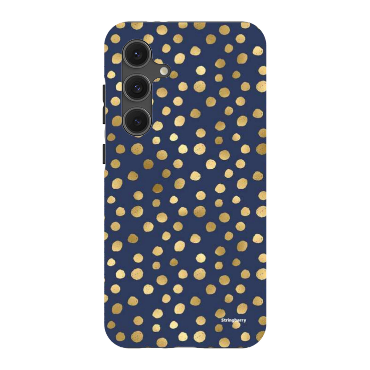 Samsung Tough Case in navy blue with a gold polka dot pattern, featuring a dual-layer design for Galaxy phones.
