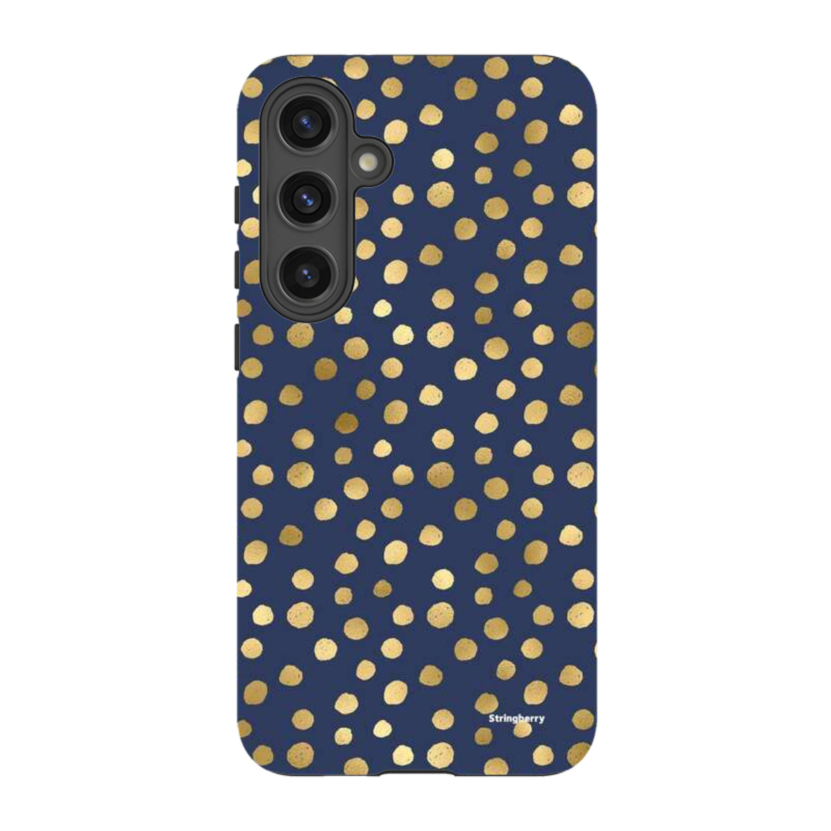 Navy blue Samsung tough phone case featuring a gold polka dot pattern and a durable dual-layer protective design.