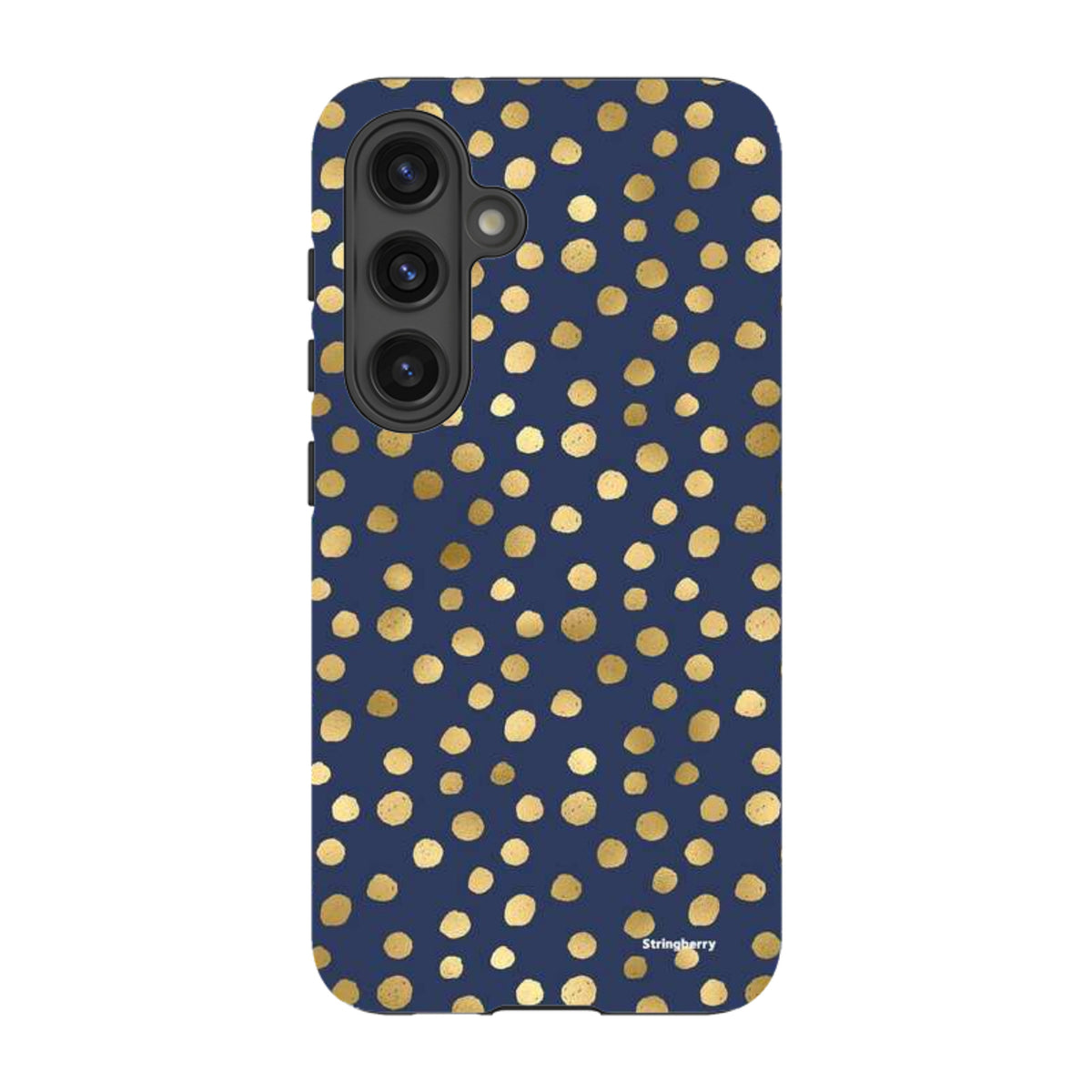 Samsung Tough Case in navy blue with a gold polka dot pattern and durable dual-layer protection for Galaxy devices.
