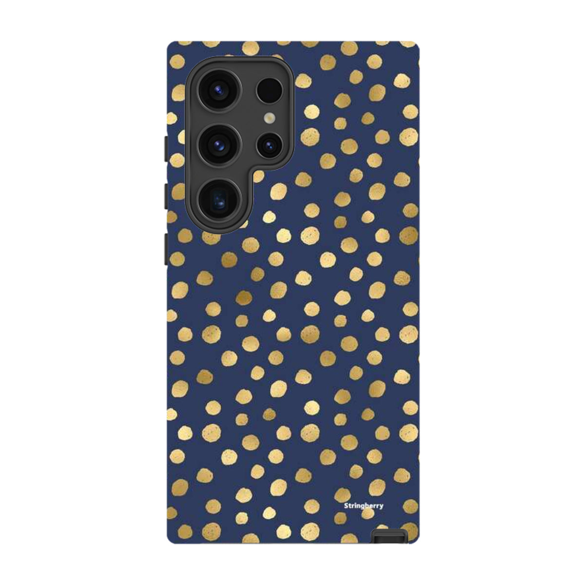 Navy blue Samsung tough phone case featuring a gold polka dot pattern and a durable dual-layer protective design.