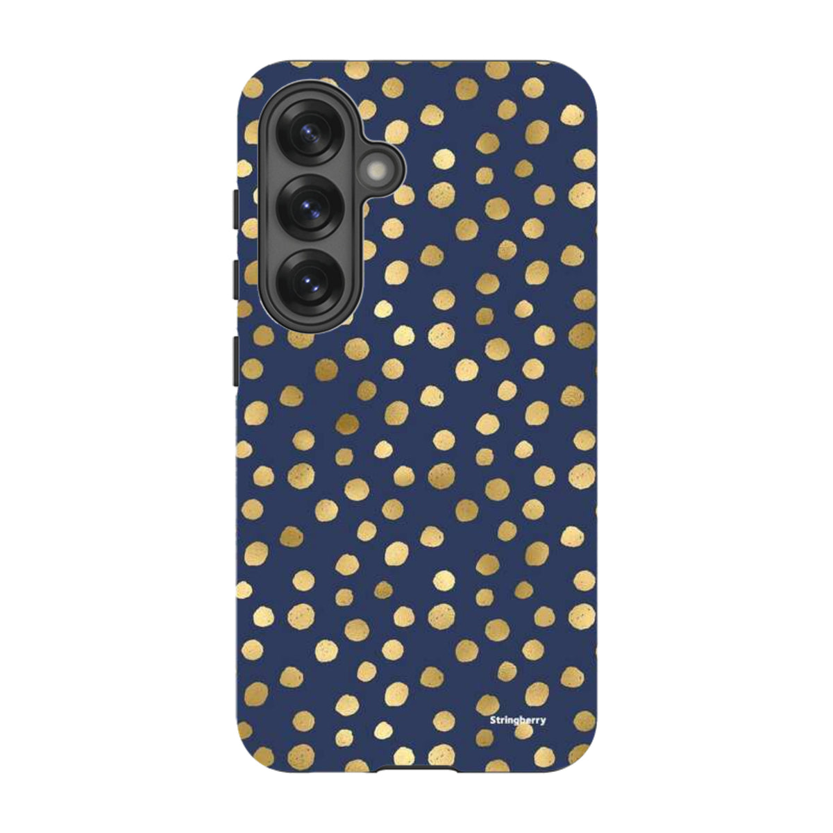 Navy blue Samsung tough case featuring a gold polka dot pattern and a protective dual-layer design.