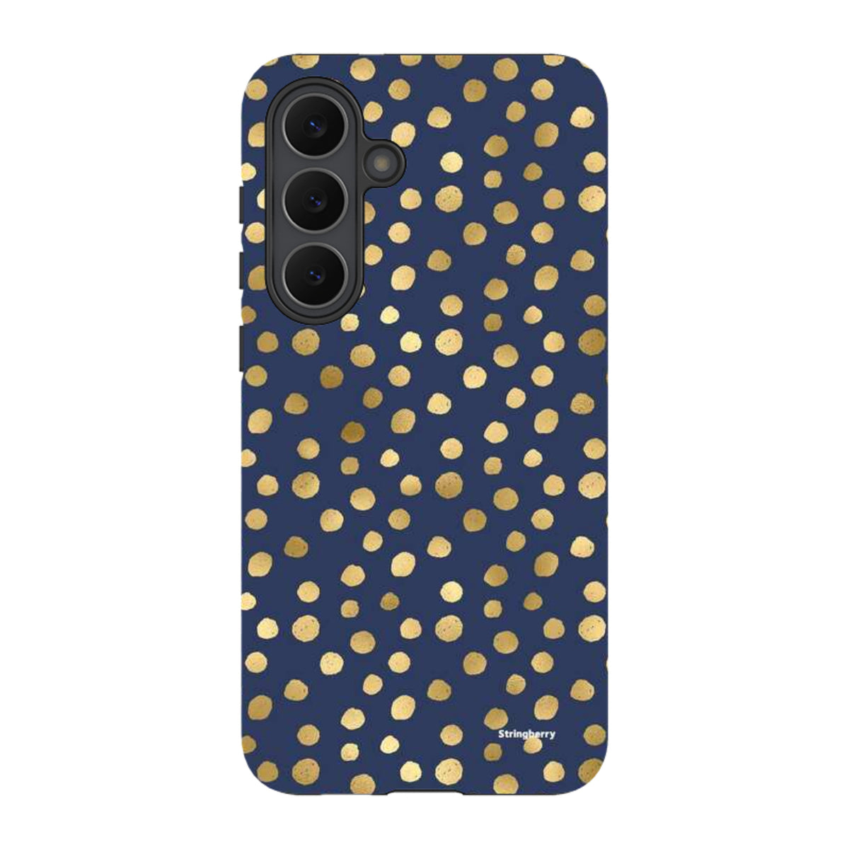 Samsung Galaxy tough case in navy blue with a gold polka dot pattern and dual-layer protective design.
