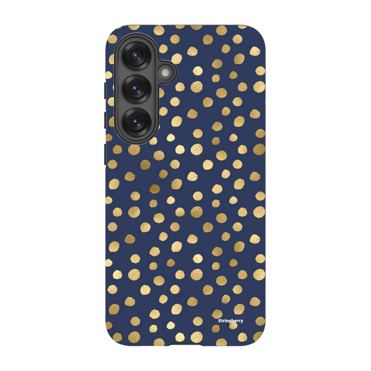 Samsung Tough Case in navy blue with a gold polka dot pattern and dual-layer protection for Galaxy devices.