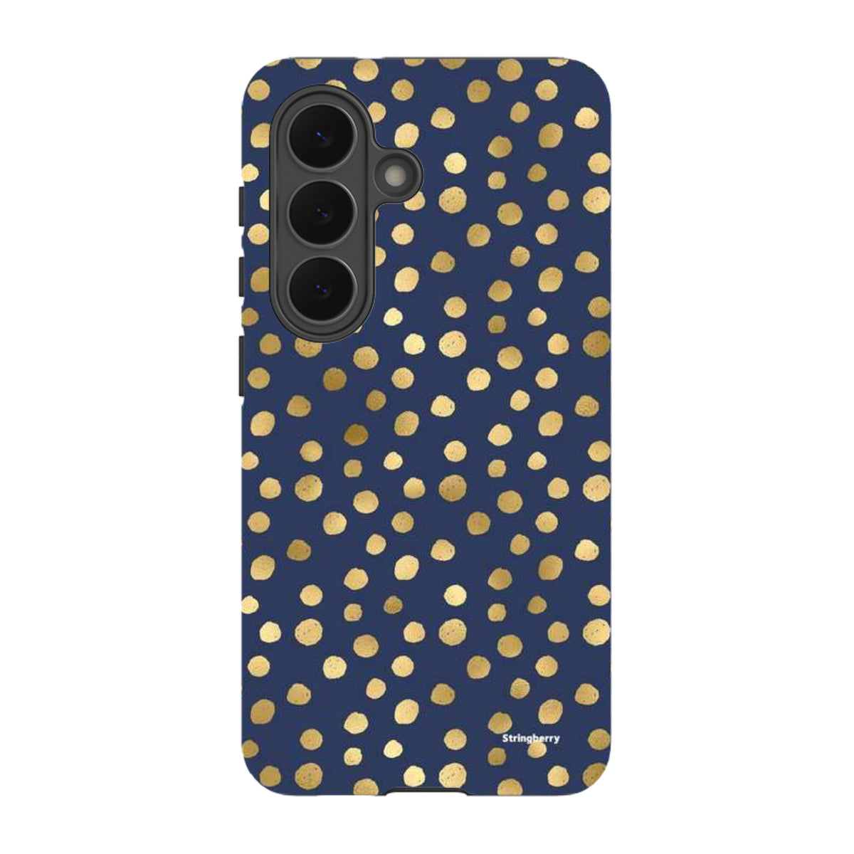 Samsung Galaxy tough case in navy blue with a gold polka dot pattern and dual-layer protective design.