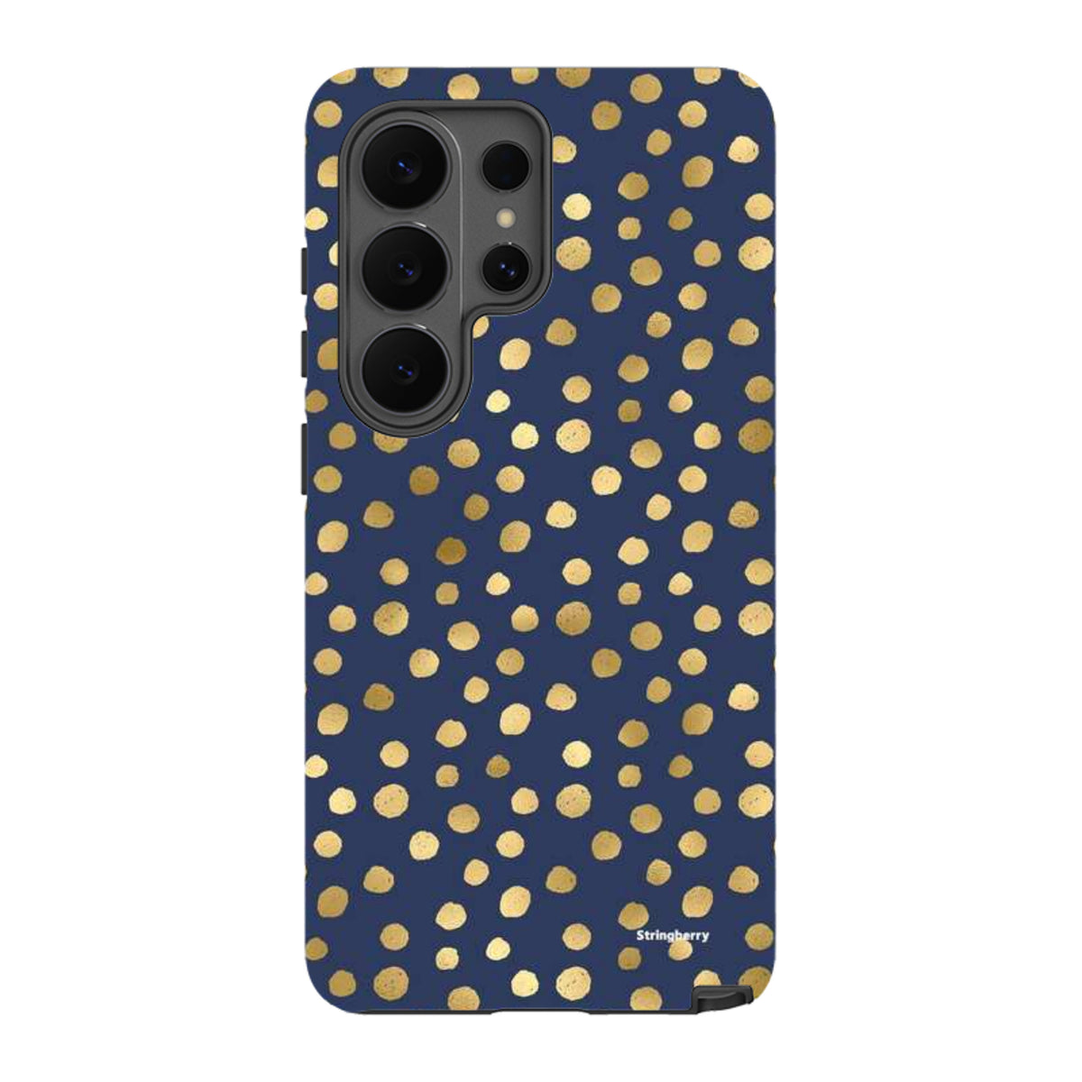 Samsung Galaxy tough case in navy blue with a gold polka dot pattern and dual-layer protective design.
