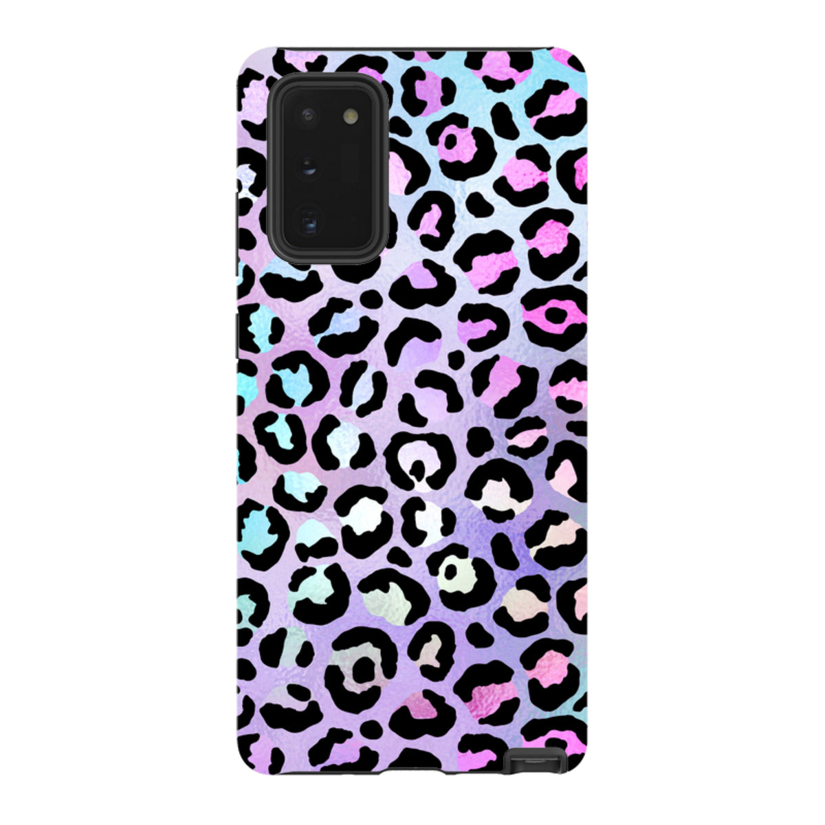 Samsung Tough Case with a vibrant, iridescent leopard print pattern on a durable dual-layer protective shell.