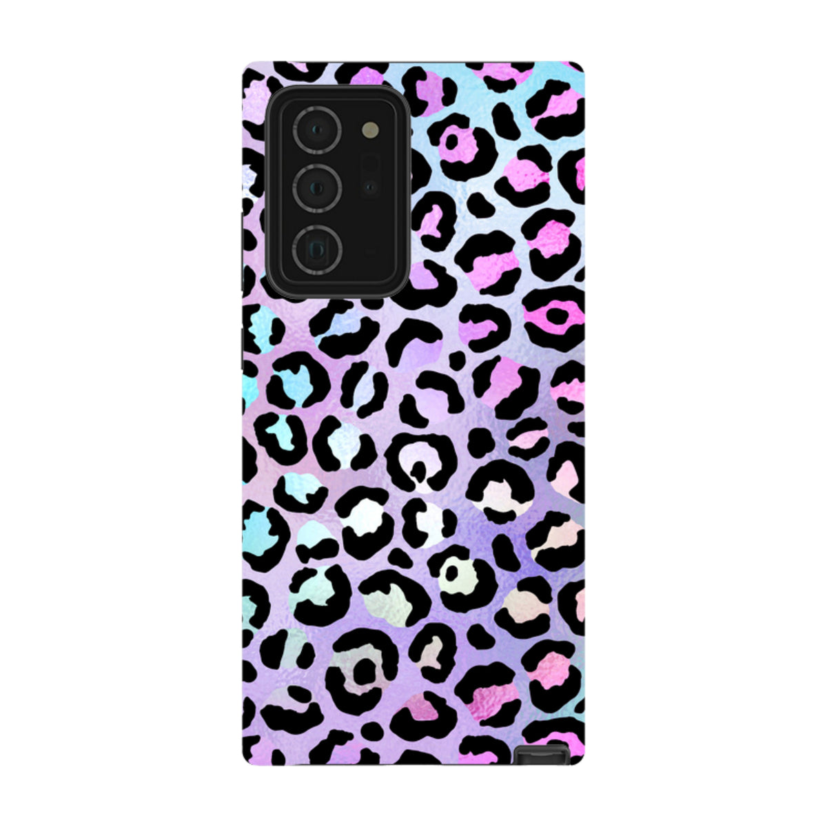 Samsung Tough Case for Galaxy featuring a vibrant, iridescent leopard print pattern with black spots on a pastel background.