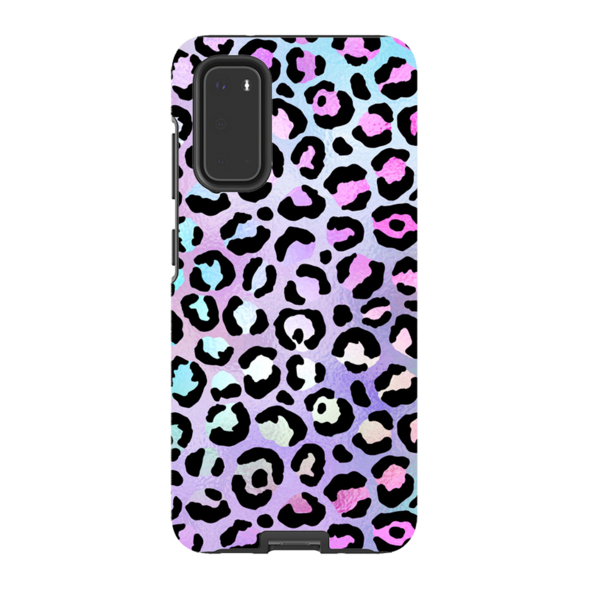 Samsung Tough Case featuring a vibrant pink, blue, and purple leopard print design with dual-layer protective shell.