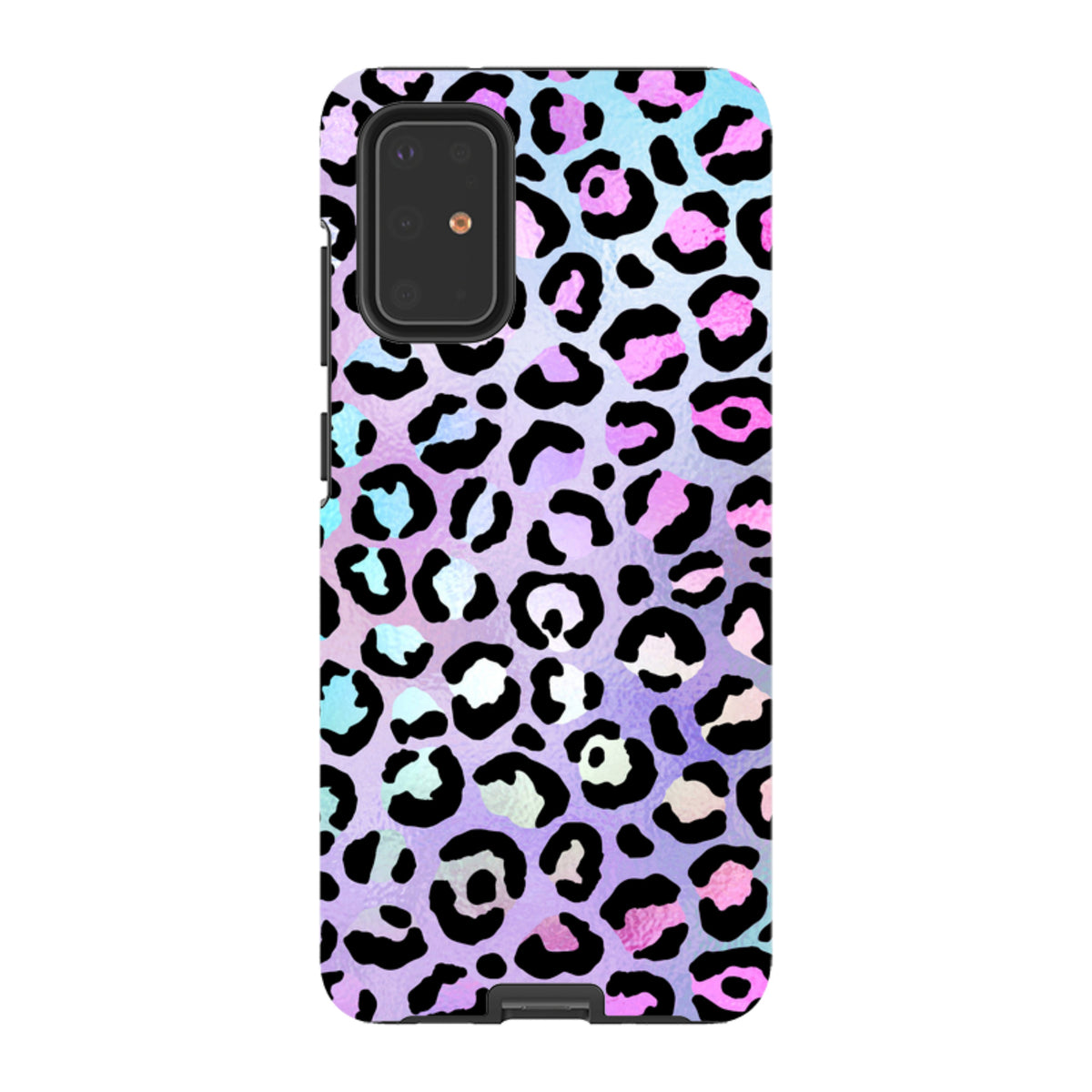 Samsung Tough Case featuring a vibrant pink, blue, and purple leopard print pattern with a durable dual-layer design.