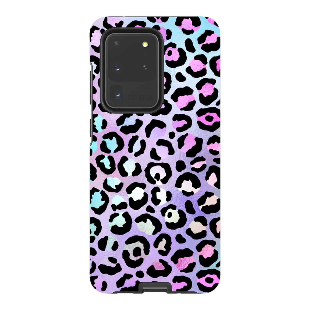 Samsung Tough Case featuring a vibrant, multicolored leopard print pattern with black spots on a pastel gradient background.