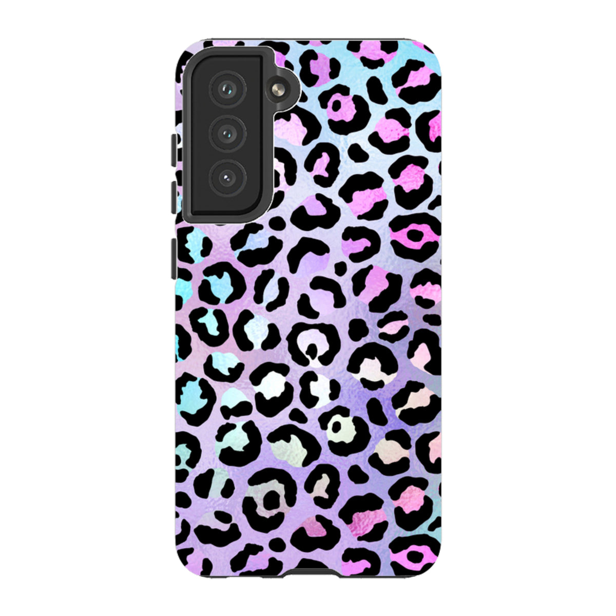 Samsung Tough Case featuring a vibrant blue and pink leopard print pattern with a durable dual-layer protective design.