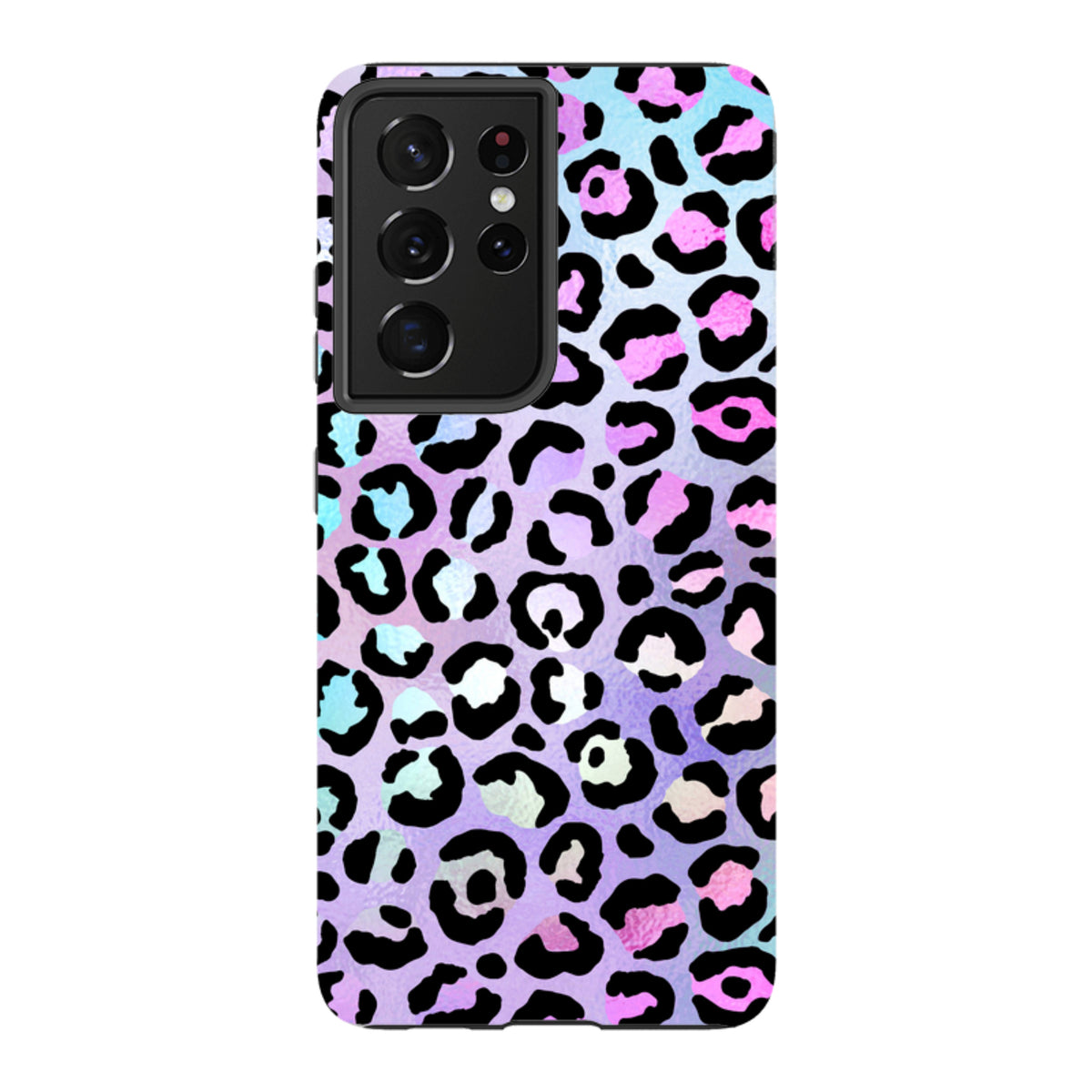 Samsung Tough Case featuring a vibrant pink, blue, and purple leopard print design with a durable dual-layer finish.