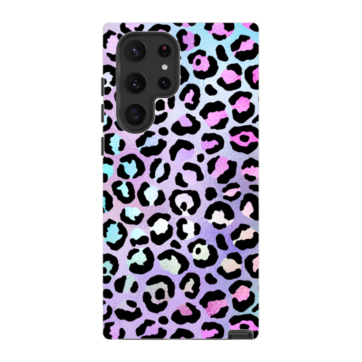 Samsung Tough Case featuring a vibrant blue and pink leopard print pattern with a durable dual-layer design.