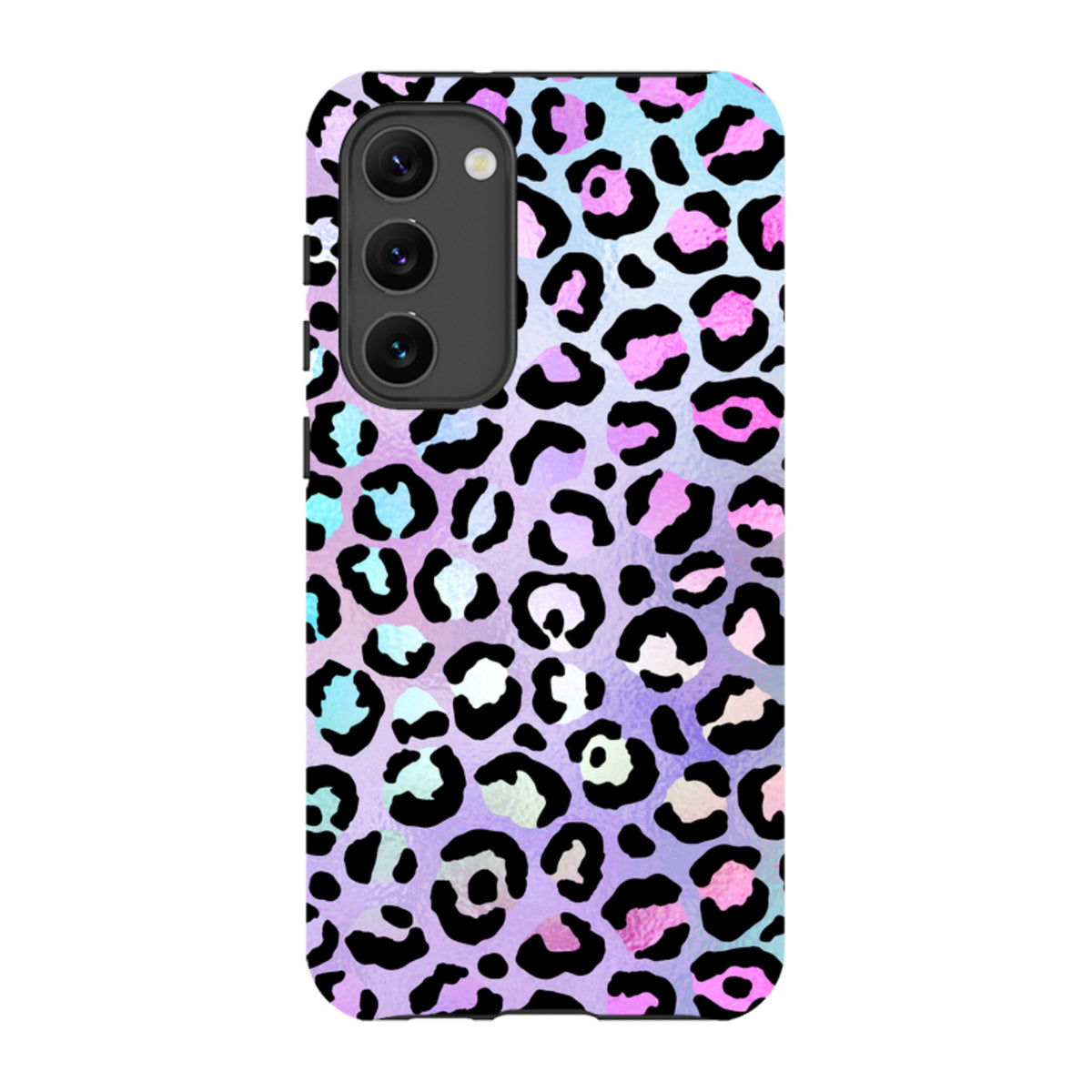 Samsung Tough Case with a vibrant pink, blue, and purple leopard print design and a protective dual-layer construction.