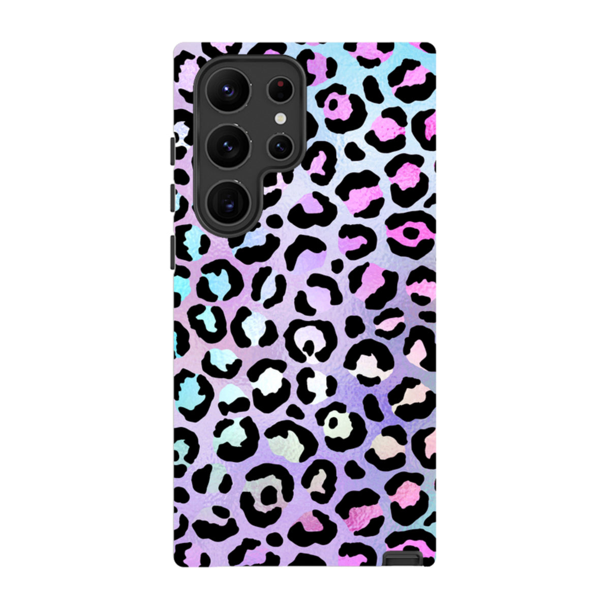 Samsung Tough Case with a vibrant pink, blue, and purple leopard print design and dual-layer protective shell.
