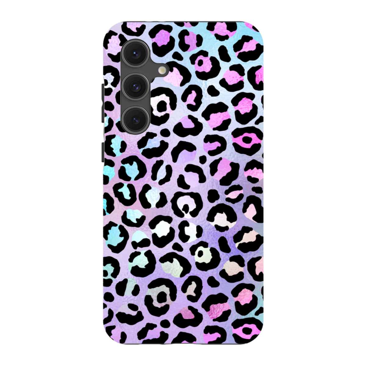 Samsung Tough Case featuring a vibrant pink and blue leopard print pattern with a durable dual-layer protective design.