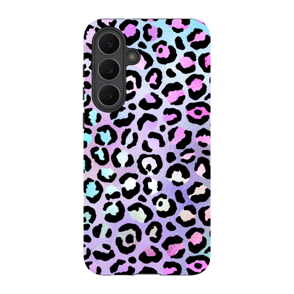 Samsung Tough Case featuring a vibrant blue and purple leopard print pattern with a durable dual-layer design.