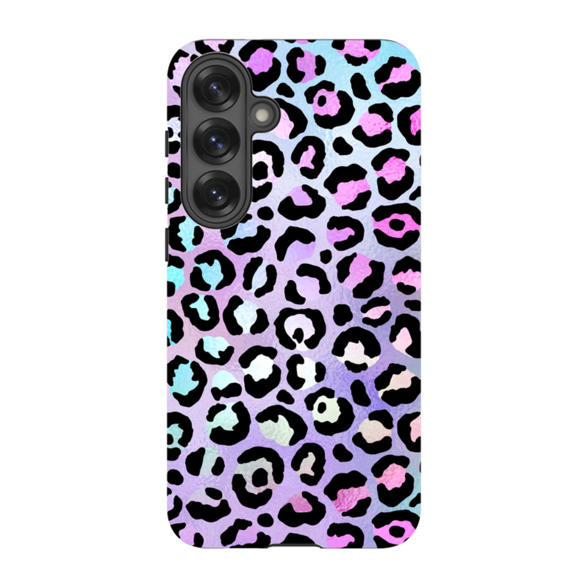 Samsung Tough Case featuring a vibrant leopard print pattern in shades of blue, pink, and purple with a triple-lens cutout.