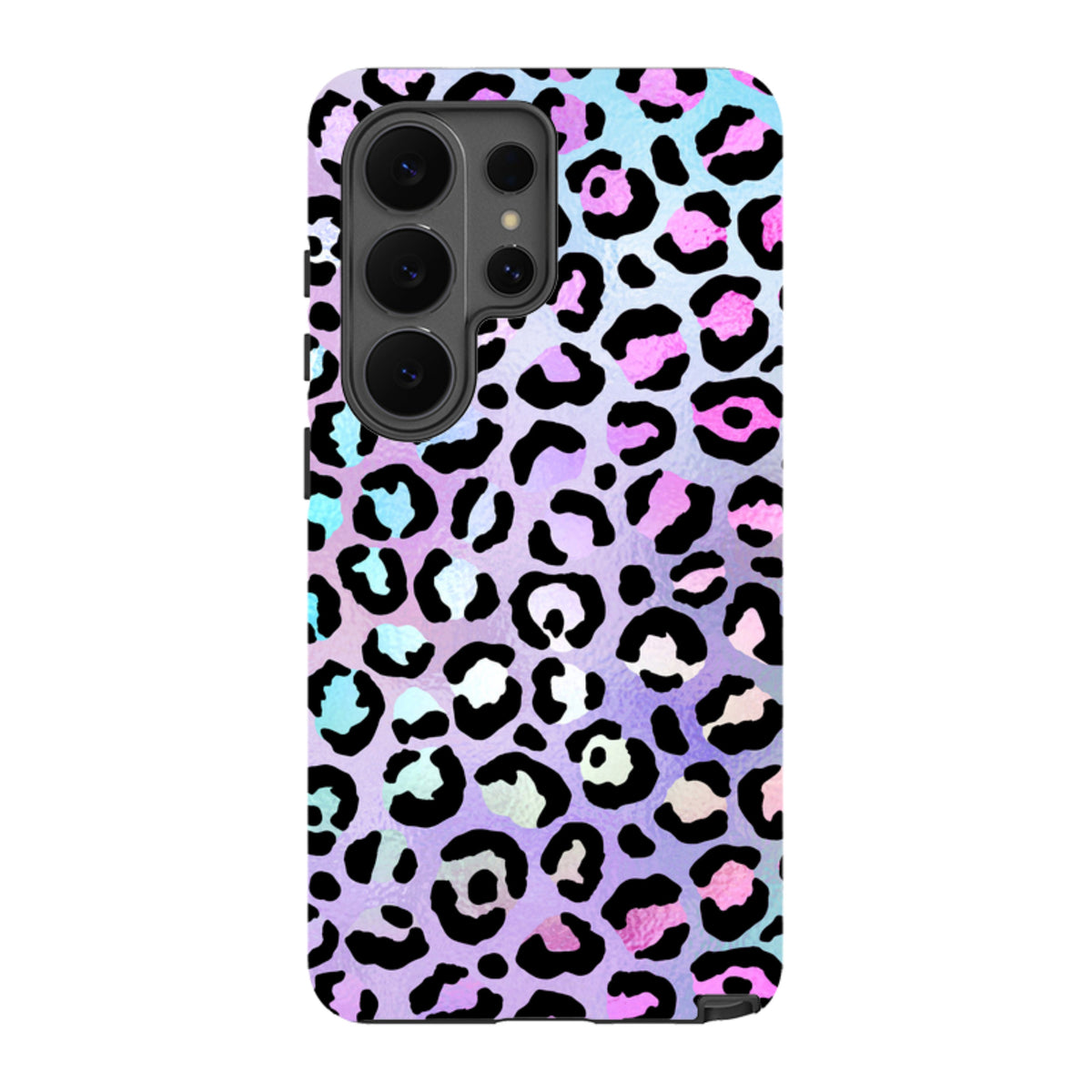 Samsung Tough Case with a pastel leopard print pattern in pink, blue, and purple on a durable dual-layer phone cover.